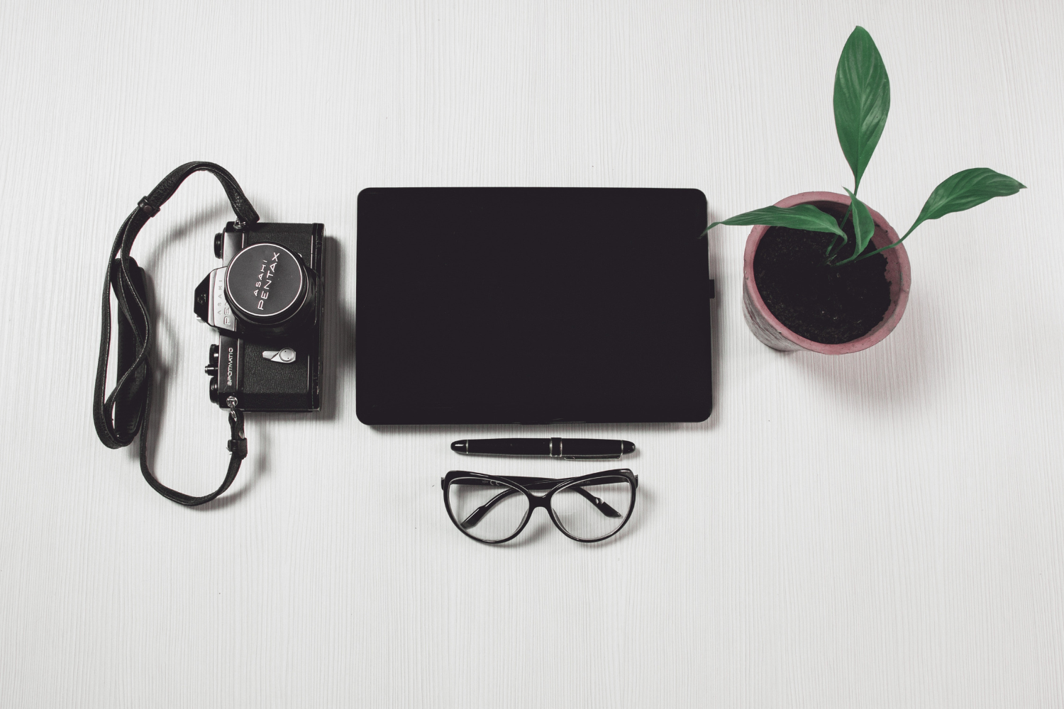A picture of a pentax camera, glasses, notebook, and plant sitting on a white table. 
