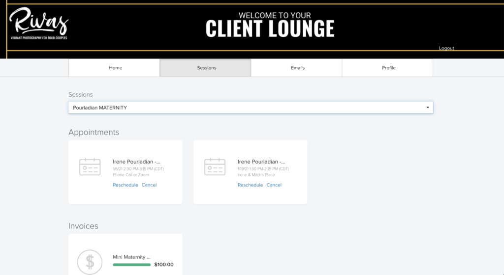 The Ins and Outs of CRM Client Portals | A screenshot of a wedding photographer's online client portal. 