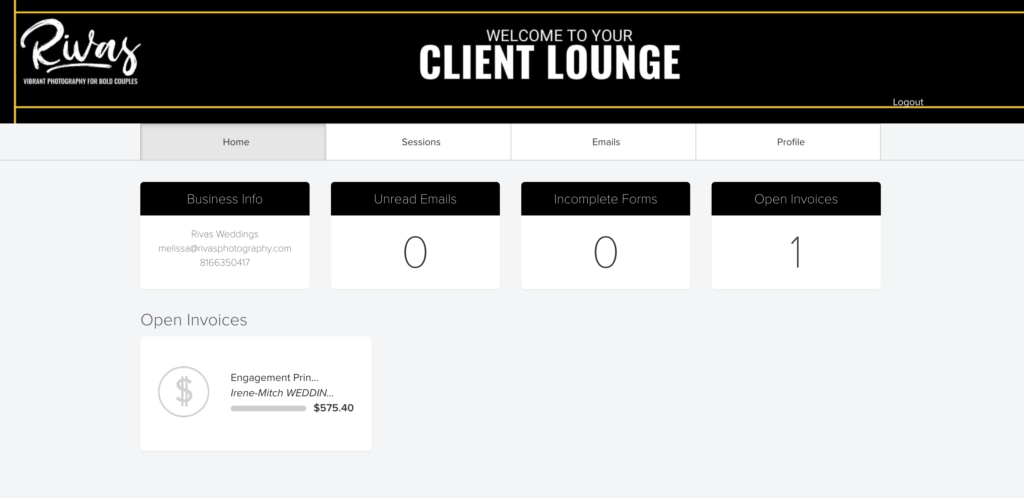 The Ins and Outs of CRM Client Portals | A screenshot of a wedding photographers client portal in an online CRM software. 