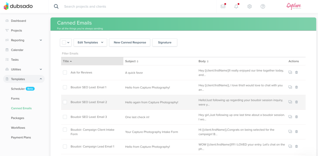 A screenshot of Capture Photography's Canned Email Library in Dubsado.