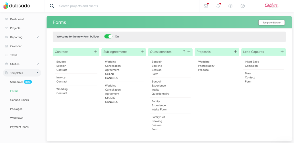 A screenshot showing the forms created in Dubsado for Capture Photography.