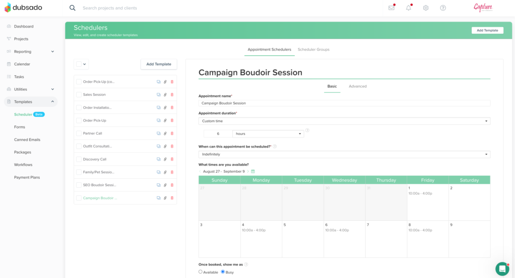 A screenshot showing a list of schedulers created in Dubsado for Capture Photogrpahy.