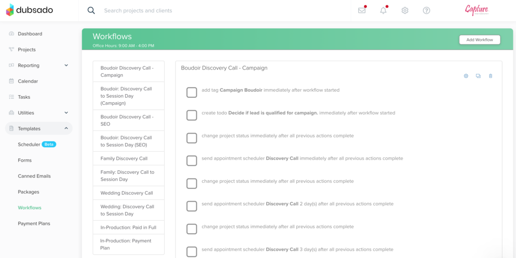 A screenshot showing the workflows created for Capture Photography in Dubsado. 