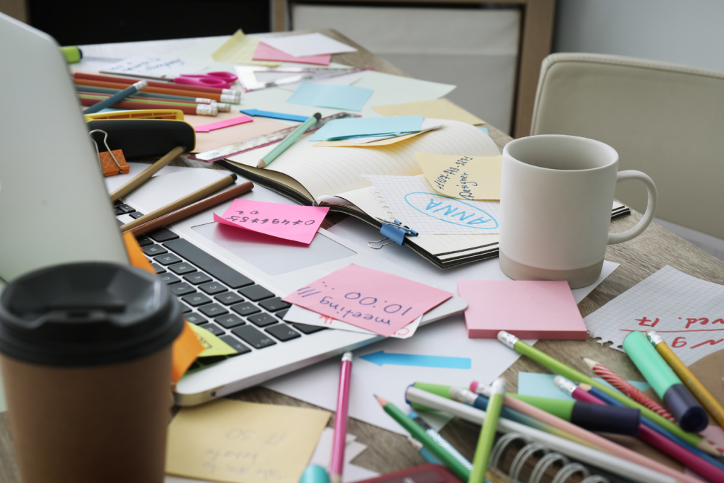 5 Signs It's Time to Automate Your Client Management | Virtually Done Systems | A cluttered, messy desk top with post-it notes all over. 